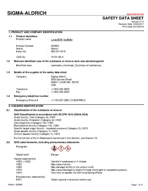 Lead(II) iodide - Msds - SIGMA-ALDRICH sigma-aldrich SAFETY DATA SHEET ...
