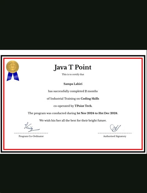 #javatpoint #industrialtraining #internship #certificate | Sampa Lahiri