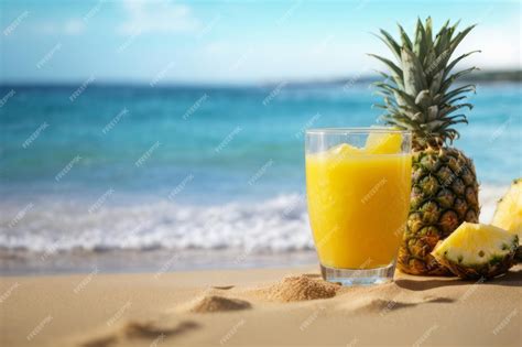 Premium Photo | Pineapple juice on the beach sand summer drink