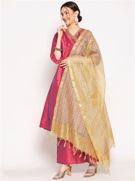 Gold Blended Silk Dupatta with Self checkered Pattern Dupatta Bazaar
