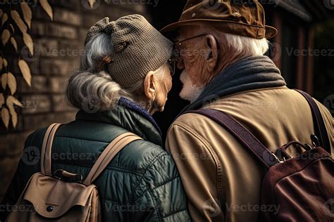 Back view of an elderly couple outdoors. Elderly man and woman are walking together, having ...