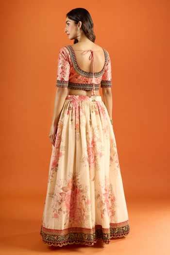 Buy Pink Silk Zari V-neck Floral Art Lehenga Set With Blouse And ...