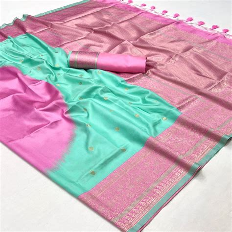 Turquoise & Pink Zari Butti Work Banarasi Silk Saree