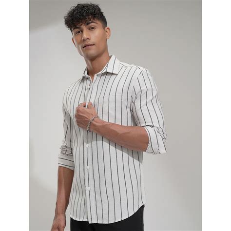 Buy HIGHLANDER Men Slim Fit Opaque Striped Casual Off White Shirt Online
