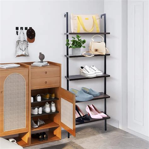 Buy 5 Tier Wall Mounted Ladder Shelf, Ladder Bookshelf with Metal Frame ...