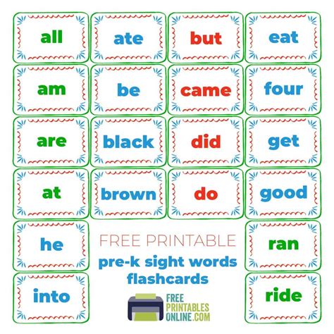 Kindergarten Sight Words Flash Cards Printable