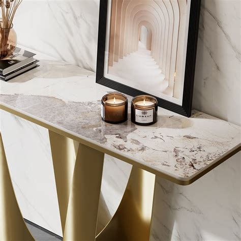 Art Deco White & Gold Console Table with Sintered Stone Top & Stainles ...