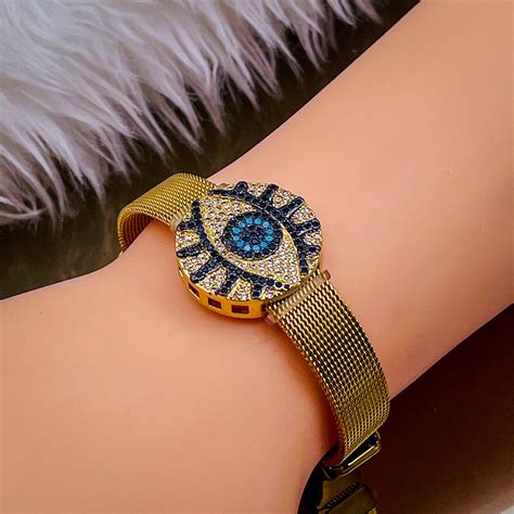Evil Eye Medallion 18K Rose Gold Adjustable Mesh Watch Strap Bracelet ...