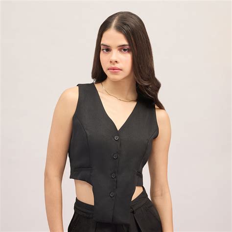 Buy MIXT by Nykaa Fashion Black Solid V Neck Cut Out Crop Waist Coat Online
