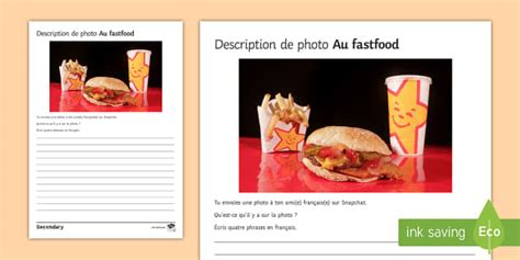 Fast Food Photo Description Worksheet / Worksheet French