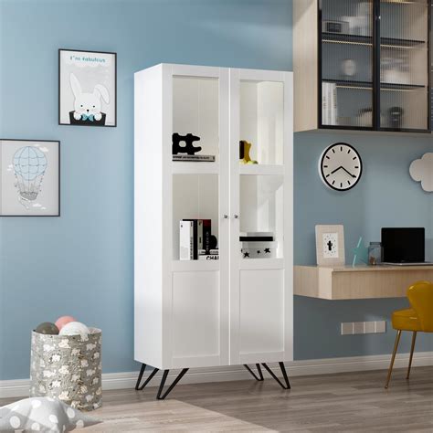 Buy Timechee 70.7”H Tall Storage Cabinet with 3 Tier Shelves and Glass ...