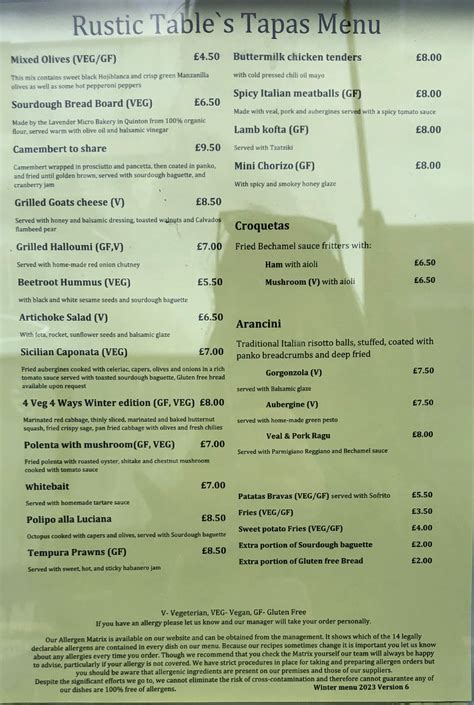 Rustic Table Birmingham's full menu online