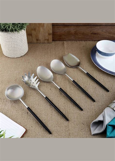 Get Radiant Black Handle Matt Steel Serving Spoons Set Of Five at ...