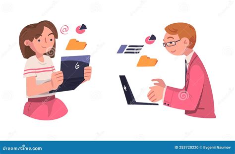 Young People Chatting with Laptop Computers on Social Media Set. Online ...