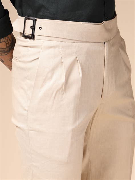 Beige Linen Classic Buckle Gurkha Pants – Boot Cut Fit by Italian Vega ...