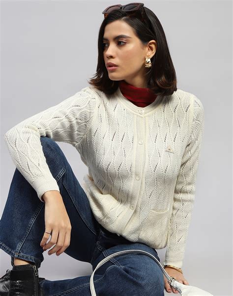 Buy Women Off White Self Design Round Neck Full Sleeve Cardigan Online ...