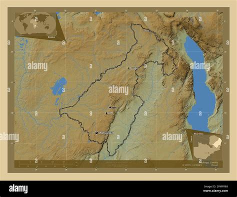 Muchinga, province of Zambia. Colored elevation map with lakes and rivers. Locations and names ...