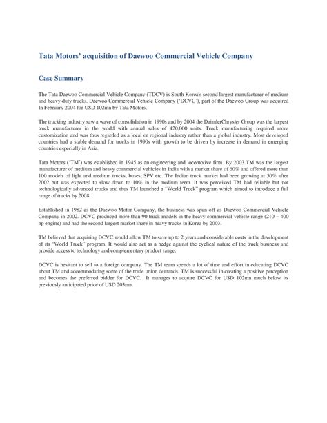 Tata Motors acquisition of Daewoo Summary - Tata Motors’ acquisition of ...