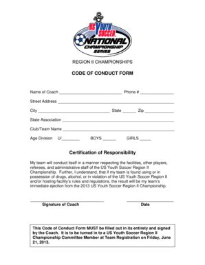Fillable Online championships usyouthsoccer 2013 Cup Code of Conduct ...