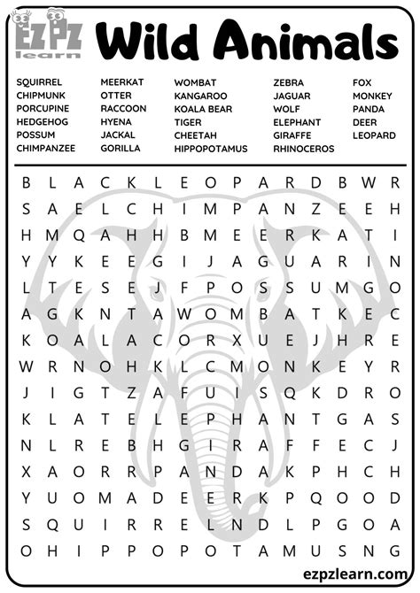 Wild Animals Vocabulary Word Search for Children and English Language ...