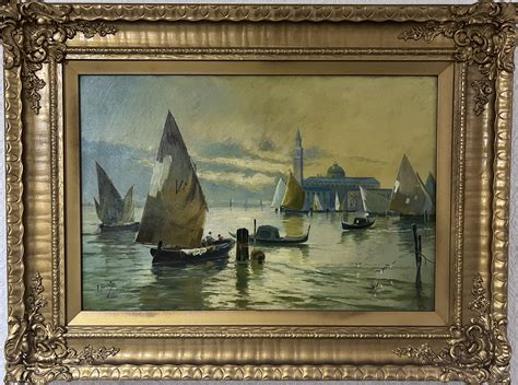 F.Black - F.Black Large Antique original oil painting on canvas, Venice, Italy, Gold Frame For ...