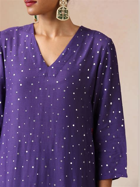 trueBrowns Purple Silver Foil Print Muslin Silk Straight High-Slit Kur