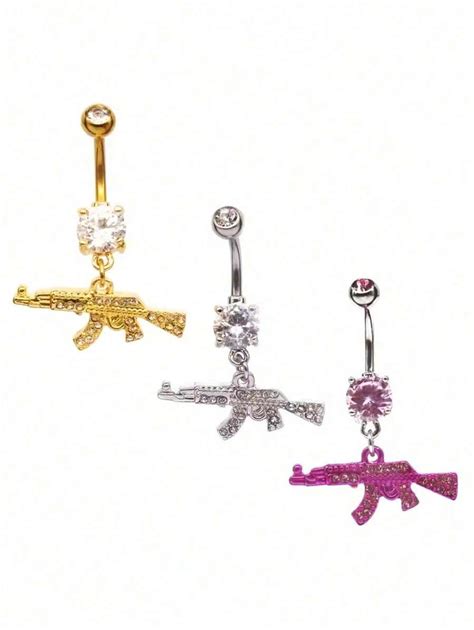 1 Gun Shaped Geometric Pendant Navel Ring Navel Nail Cool Rhinestone ...
