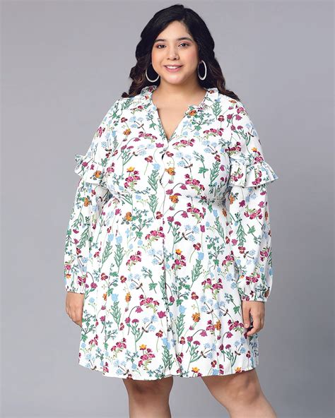 Buy Women's Core White All Over Floral Printed Plus Size Shirt Dress ...