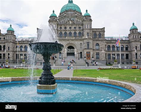 View of front grounds and fountain of the British Columbia Parliament ...