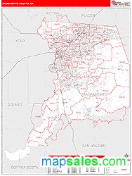 Sacramento County, CA Zip Code Wall Map Red Line by MarketMAPS - DaVinciBG