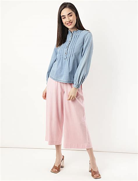 Buy Pure Cotton Pleated Mandarin Collar Top at Marks & Spencer