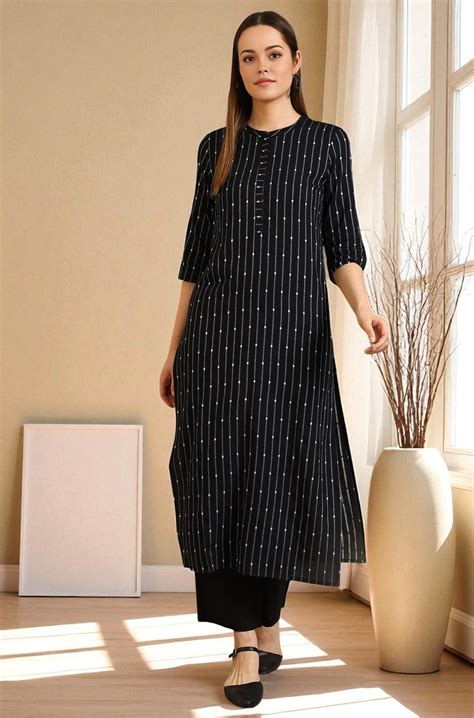 Buy Black Yarn Dyed Striped Straight Kurta Online for Woman | Shop for ...