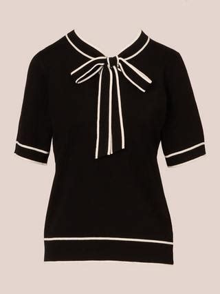 Adrianna Papell Tie Neck Short Sleeve Knit Top, Black/Ivory