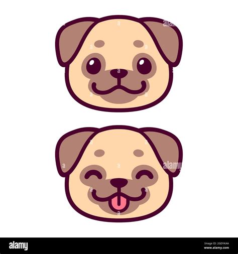 Cute cartoon pug face drawing. Kawaii dog portrait smiling with tongue ...