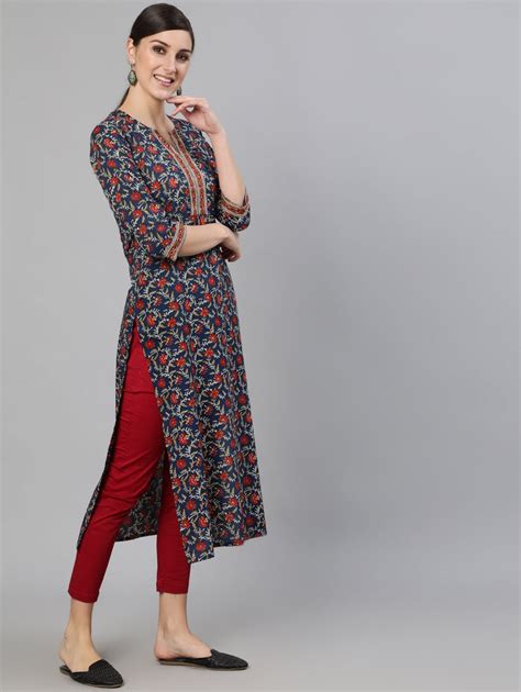 Women's Blue Printed Straight Kurta With Three Quarter Sleeves – Trendia