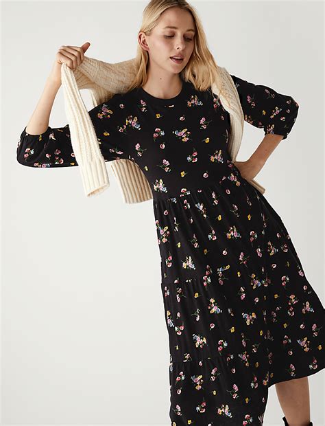 Buy Pure Cotton Floral Midi Tiered Dress at Marks & Spencer