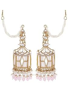 Buy Crunchy Fashion Kundan Earrings with Ear Chain, Baby Pink Earrings ...