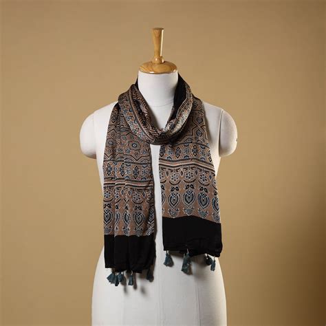 Black Natural Dyed Block Print Modal Silk Ajrakh Stole – iTokri आई.टोकरी