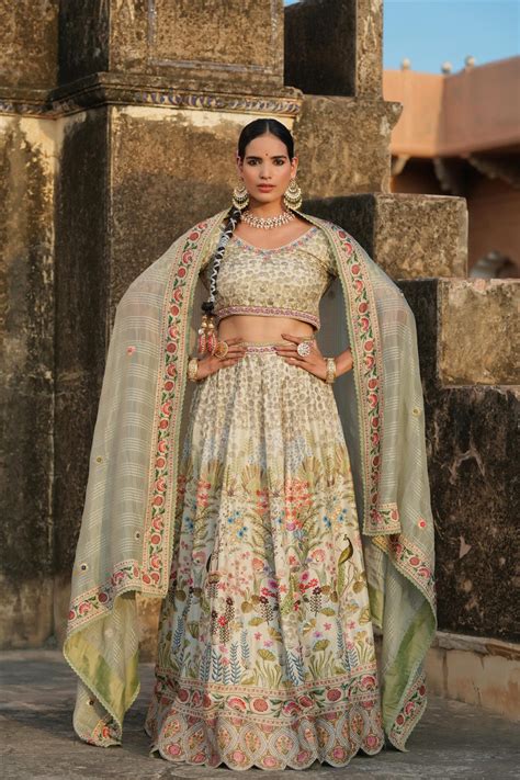 Shop Pistagreen Raw Silk Hand Painted Floral Print With Embroidery ...