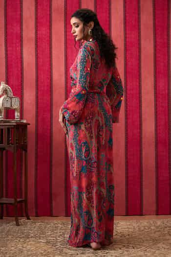 Buy Multi Color Crepe Beads Camellia Print Front Knot Crop Shirt With ...