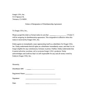 Fillable Online Notice of Resignation of Distributorship Agreement Fax ...