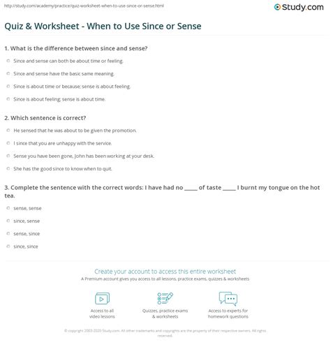 Quiz & Worksheet - When to Use Since or Sense | Study.com