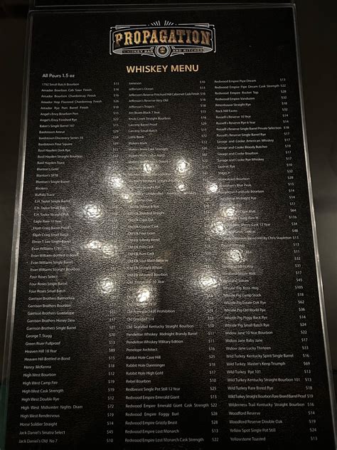 Menu at Propagation Whiskey Bar and Kitchen, Plant City