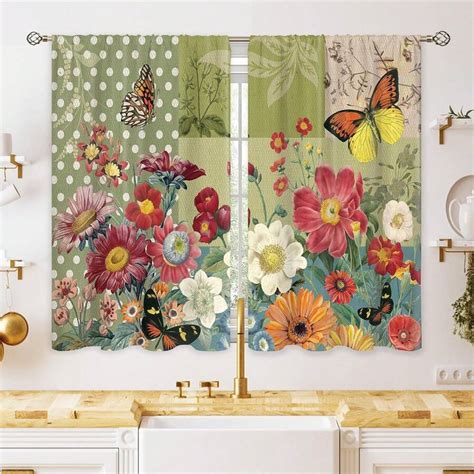 Spring Summer Vintage Flower Small Kitchen Curtains Green Floral ...