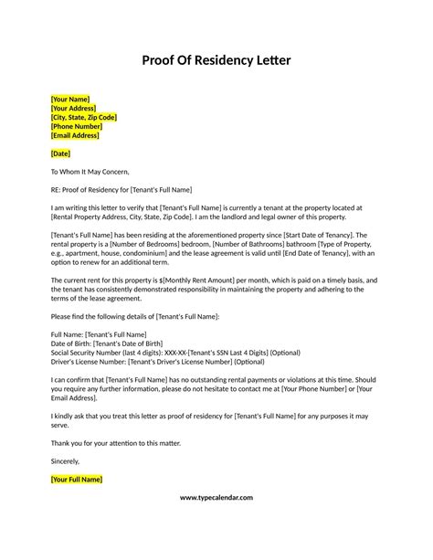 Free printable proof of residency letter templates pdf word examples ...