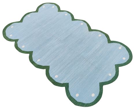 Handmade Cotton Area Flat Weave Rug, Blue & Green Scalloped Edge India ...