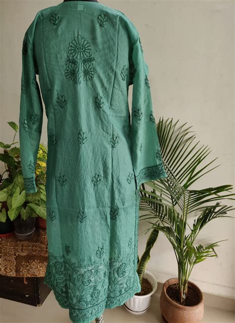 Sage Green Kota Silk Chikankari and Mukaish Kurti