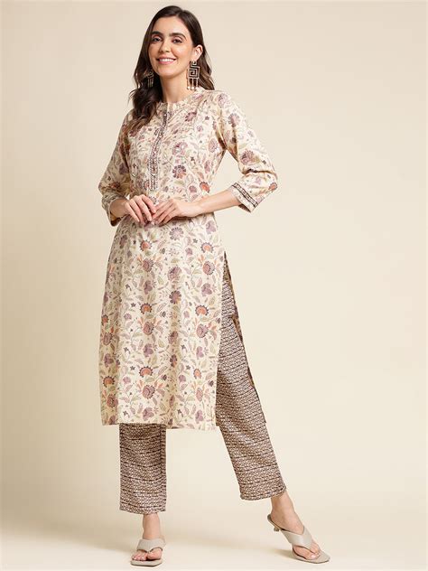 Floral Printed Thread Work Mandarin Collar Straight Linen Kurta With T ...