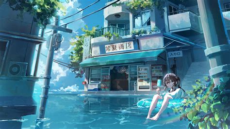 Download wallpaper 3840x2160 girl, ice cream, water, building, anime 4k ...