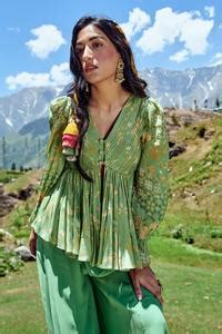 Buy Green Peplum Crepe And Palazzo Georgette Naksha Print V Neck Top ...